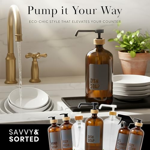 Amber Glass Dish Soap Dispenser for Kitchen Sink 1 Liter (Amber - Dish Soap 1 Ltr)