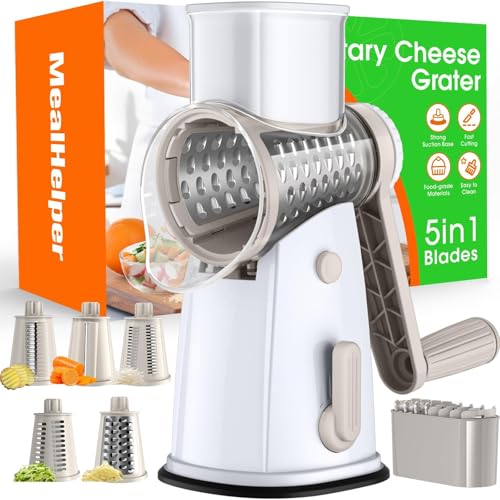 5 Blade Rotary Cheese Grater and Vegetable Chopper with Storage Box and Hand Crank (White)