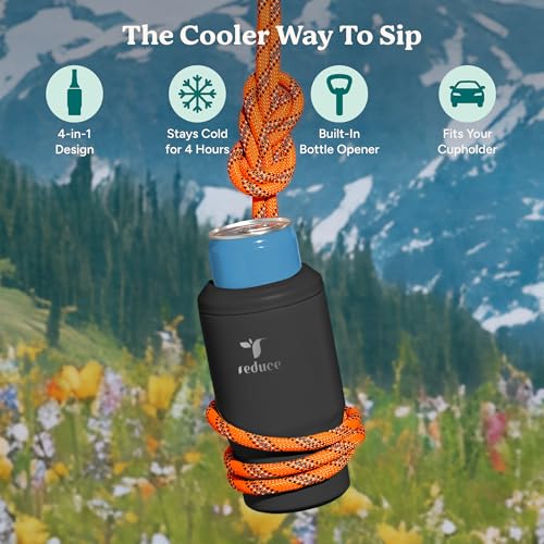 4-in-1 Drink Cooler - Versatile Can & Bottle Holder with Vacuum Insulation - Keeps Drinks Cold Up to 4 Hours - Includes Bottle Opener - Fits Cupholders & Dishwasher Safe - 14oz - Black (Black / Single)