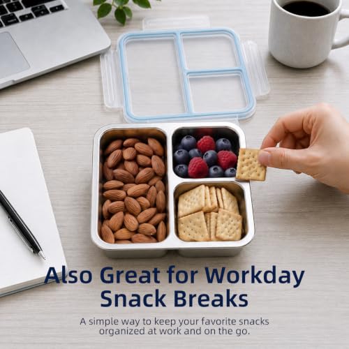 4 Pack 3 Compartment Stainless Steel Snack Containers with Lids for Kids