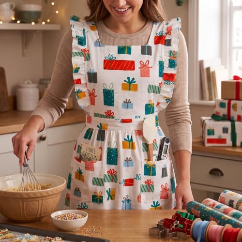 Women Cotton Apron Ruffle Adjustable Strap with Pocket (Gift Box)