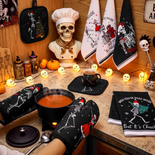 10 Pcs Christmas Skeleton Kitchen Decor and Accessories Set Kitchen Towels Pot Holders Oven Mitts Rugs and Tape for Baking Cooking BBQ Festive Housewarming Gifts (Black,white / Halloween Skeleton)