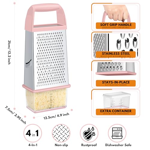 Cheese Grater With Container Box Grater Stainless Steel Kitchen Pink (Pink)