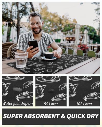 Coffee Mat Hide Stain Rubber Backed Absorbent Dish Drying Mat for Kitchen Counter (BLACK INK / 12"x19")