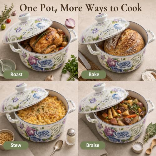 4.5 Quart Enamel Stock Pot with Lid (Multi Rose-4.5 QT)
