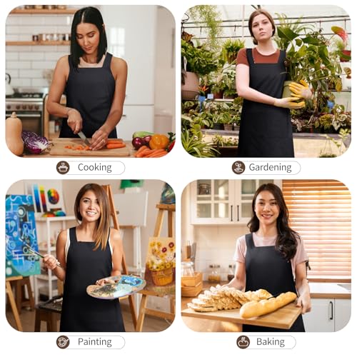Japanese Apron with Pockets Cross Back Aprons for Women Men Chef Kitchen Cooking Baking Pinafore Cotton Linen Black 1 Pack (Black)