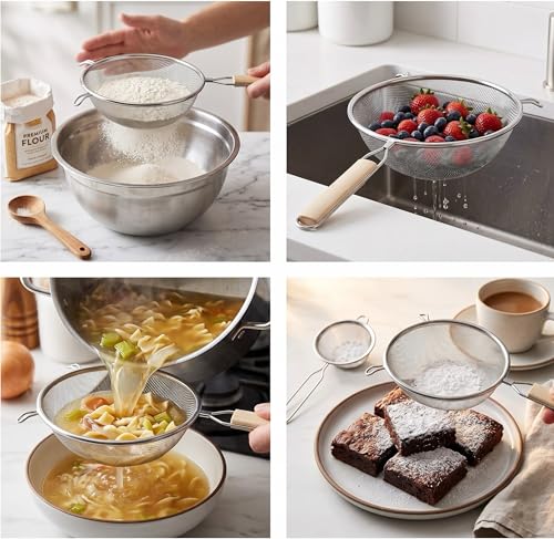 Stainless Steel Fine 8" Double Mesh Food Strainer Colander Sieve Sifter with Wooden Handle for Kitchen Rice Pasta Noodles (8")