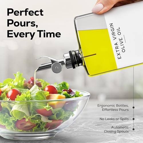 Glass Olive Oil Dispenser Bottle for Kitchen by Brighter Barns (Clear/Silver)