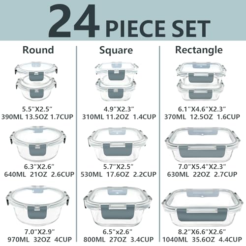 12 Pack Glass Food Storage Container Set with Lids Non Toxic (Gray-12)