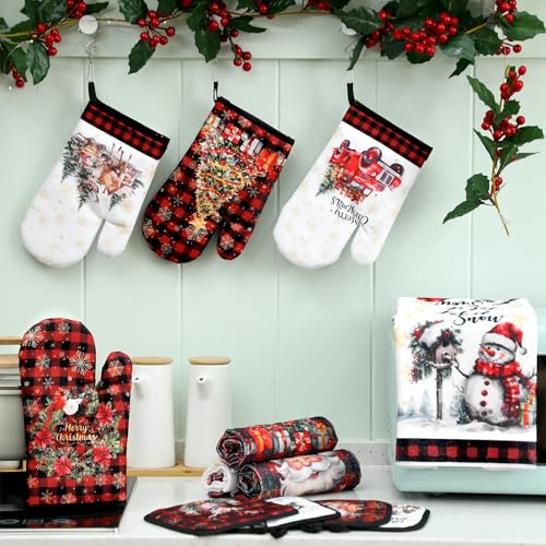 12 Pcs Christmas Kitchen Accessories Set Red Black Check Style (Red and Black Stripes)