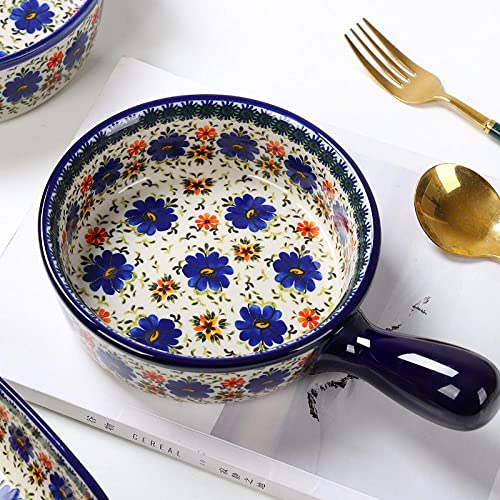 Vintage Style Blue Flowers Phalaenopsis Pottery Bakeware Ceramic Casserole Dish Baking Pan Lasagna Pans Baking Dish with Handles for Oven to Table (Blue Flowers / 20 OZ)
