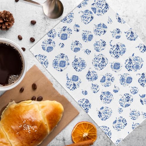 Blue and White Pumpkin Fall Decor Kitchen Towels and Dishcloths Set of 2 (White Pumpkins)