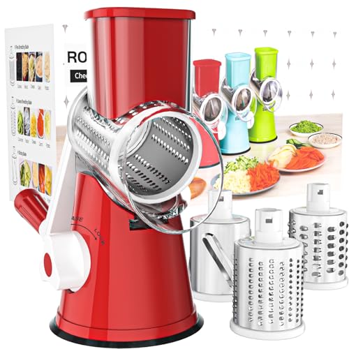Cambom Rotary Cheese Grater Hand Crank Cheese Shredder for Fresh Cheese (3 BLADES / Red)