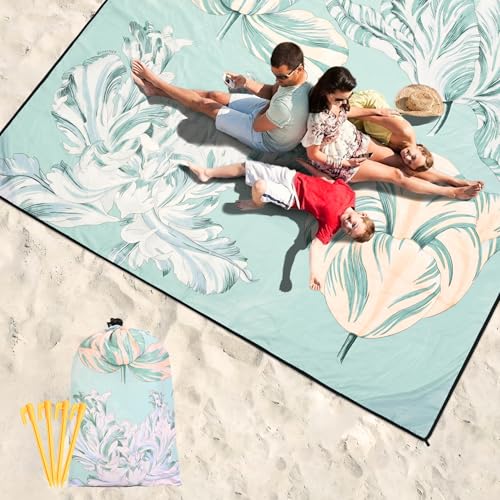 Waterproof Sandproof Beach Blanket Mat for 1 (79" X 83"（1~3 person） / Elegant Plain Green Floral)
