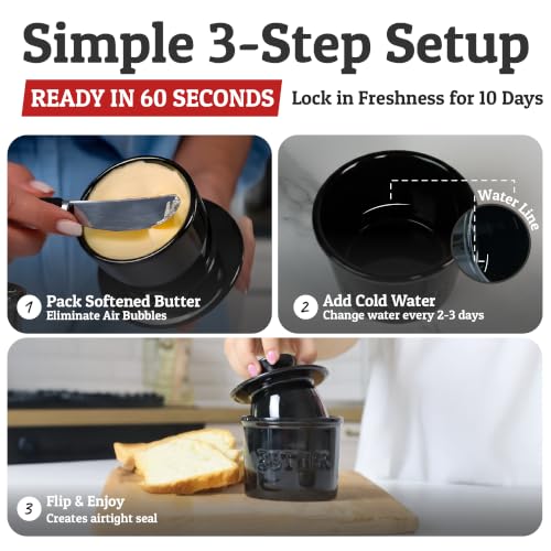Large Butter Crock with Lid with Water Line (Black / Large)
