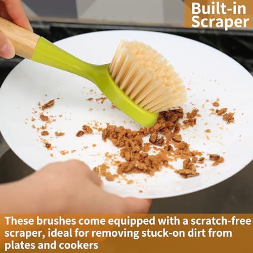 2 Pack Kitchen Dish Brush Bamboo Handle Dish Scrubber Built (Green)