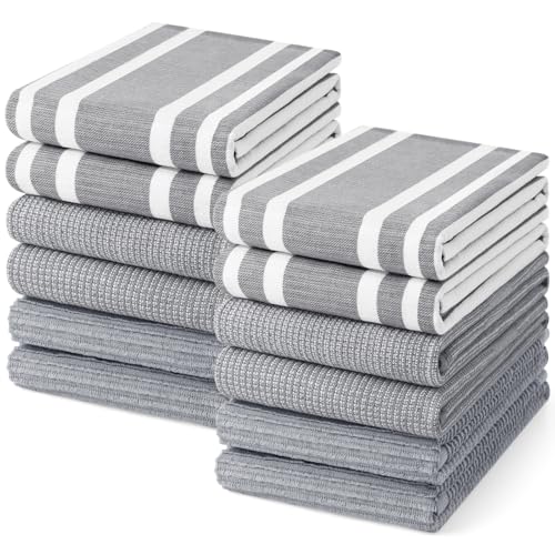 Cotton 380 GSM Premium Kitchen Towels (Grey / 18" X 28" - 12 Pack)