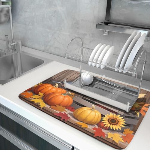 Fall Thanksgiving Dish Drying Mat for Kitchen Counter 18x24 Pumpkin Sunflower Bird Autumn Harvest Theme Absorbent Reversible Microfiber Drying Mats Kitchen Countertop Protector Dishes Drainer Pad (18" x 24")