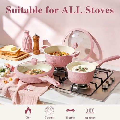 26PCS Pots Pans Set Non Stick Cookware (Pink)