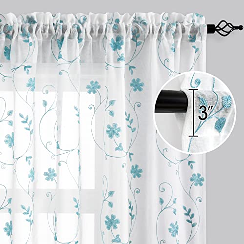 White and Blue Embroidered Floral Sheer Curtains 63 Inch Length 2 Panels Flower Pattern Semi Sheer Window Curtains for Bedroom Living Room (52"W x 63"L (Pack of 2) / White & Blue)