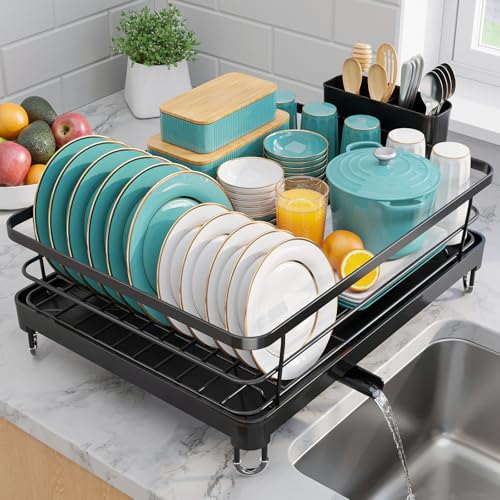 Stainless Steel Dish Drying Rack for Kitchen Counter (Black / Large - 12.5"W X 16.5"L)