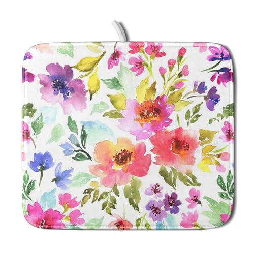 Spring Floral Dish Drying Mat for Kitchen Counter Flower Microfiber Absorbent Dish Draining Reusable Washable Foldable 16"x18" (18" x 16")