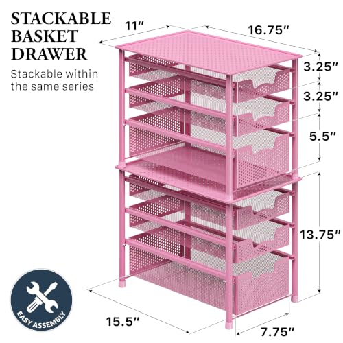 Stackable 3 Tier Sliding Basket Organizer Drawer (3-Tier / Pink)