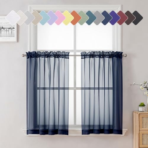 Volie Sheer Curtains Blue Tiers 36 Inches Long 2 Pieces Set (Navy Blue / 40"W x 36"L (Pack of 2))
