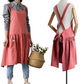 Japanese Cotton Cross Back Pinafore Apron for Women with Pockets Coral (13 - Grapefruit Red With Waist Ties)