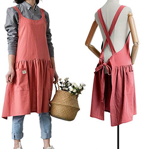 Japanese Cotton Cross Back Pinafore Apron for Women with Pockets Coral (13 - Grapefruit Red With Waist Ties)