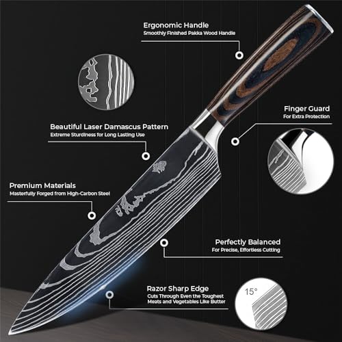 SENKEN 8 piece Premium Japanese Kitchen Knife Set with Laser Damascus Pattern