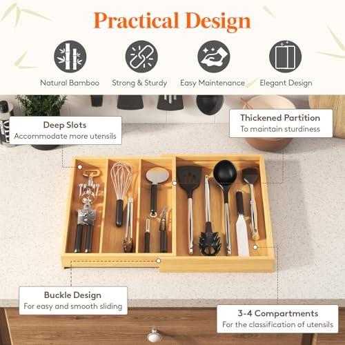 Bamboo Utensil Organizer for Kitchen Drawer (Natural / 11.9~21.7'' W x 15.75'' D)