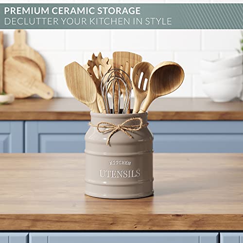 Ceramic Kitchen Utensil Holder Countertop 6.75″ (Taupe)