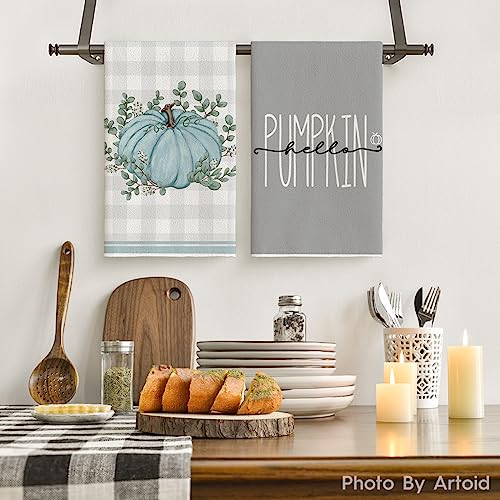 Grey Pumpkin Leaves Fall Kitchen Towels Set of 4 18x26 Inch (Grey)