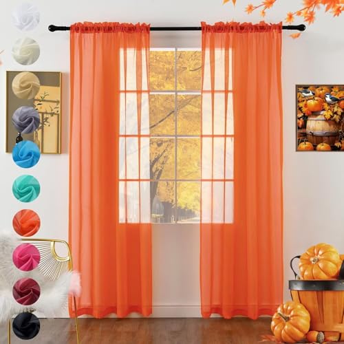 Solid Sheer Rod Pocket Curtain Voile Draperies 2 Panels White Beige Black Grey Coffee 52 Inch Width 63 Inch Long 1 Pair for Kitchen Bedroom Children Living Room Yard (Burnt Orange / 52"W x 63"L (Pack of 2))