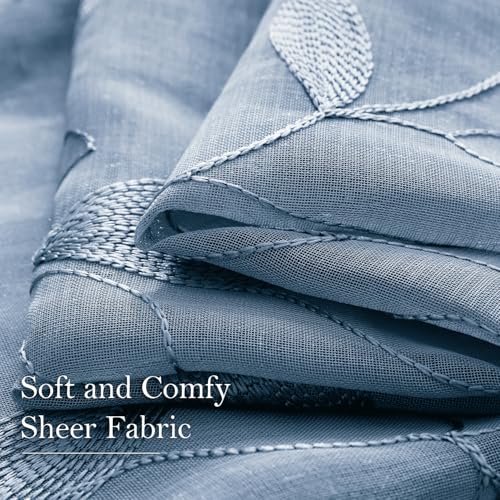 Stone Blue Sheer Curtains Floral Embroidered (52"W x 63"L (Pack of 2) / Stone Blue)