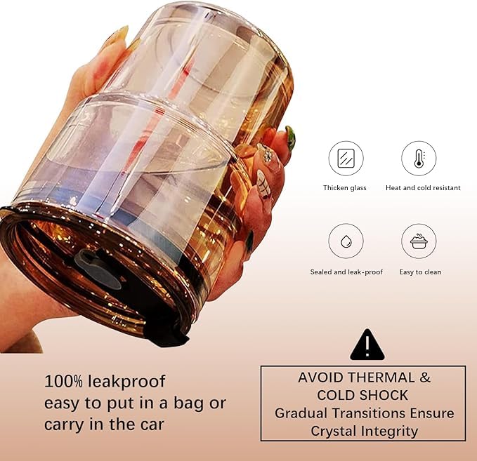 13oz 400ml Glass Tumbler Water Cup with Straw and Lid (Amber-2Pack)