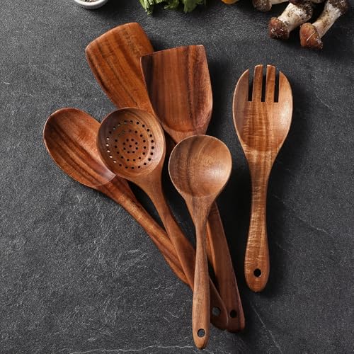 6 Piece Natural Teak Wooden Utensils Set