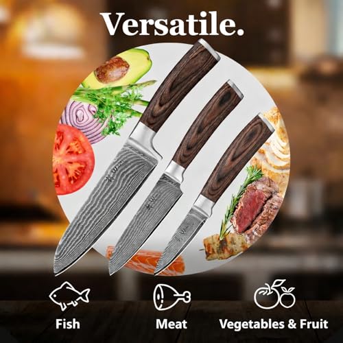 EDIB 3 Piece Damascus Kitchen Knife Set in Wooden Gift Box (EDIB Series-3 pcs)
