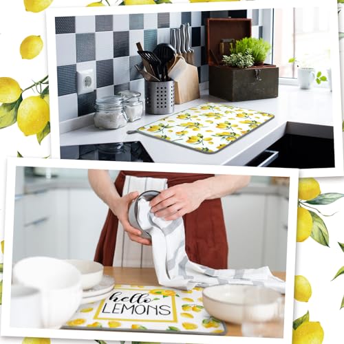 Dish Drying Mat for Kitchen Counter 16 x 24 Microfiber Absorbent Dish Drainer Rack Pads Fast Dry Mat Vintage Kitchen Decorations (16" x 24" / Lemon / Yellow)