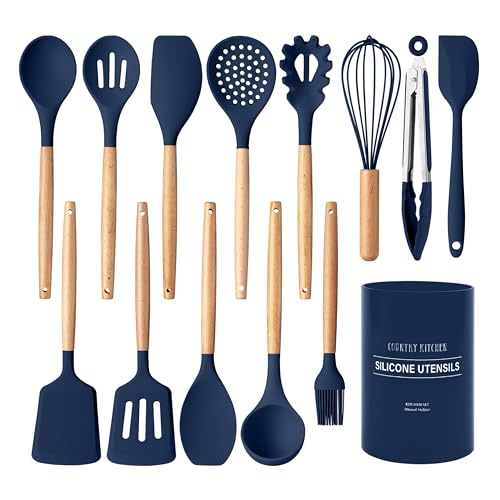 Non Stick Silicone Utensil Set with Rounded Wood Handles for Cooking and Baking (14 Piece Set / Navy)