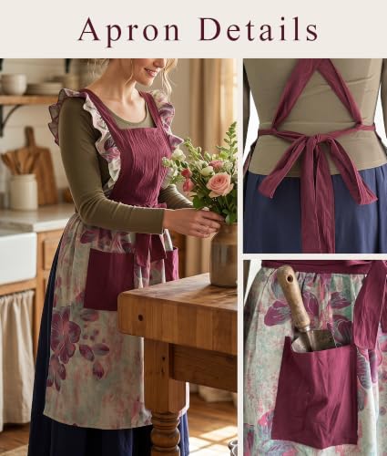 Vintage Aprons for Women with Pockets Cute Pinafore Apron Dress for Kitchen Cooking Baking Gardening (Ruffle Dark Red)