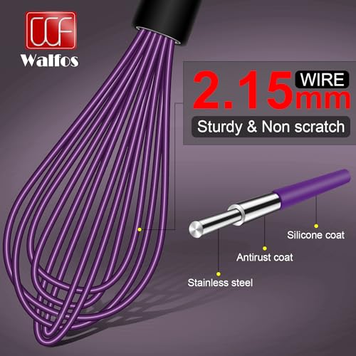 Whisk Silicone Whisks Set of 5 (5pcs Purple + Stainless Steel;7+9+11in & 5+7in)