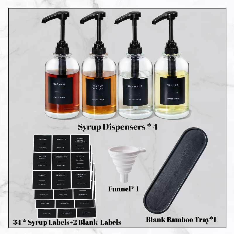Coffee Syrup Dispenser (Set of 4 / Black With Tray)