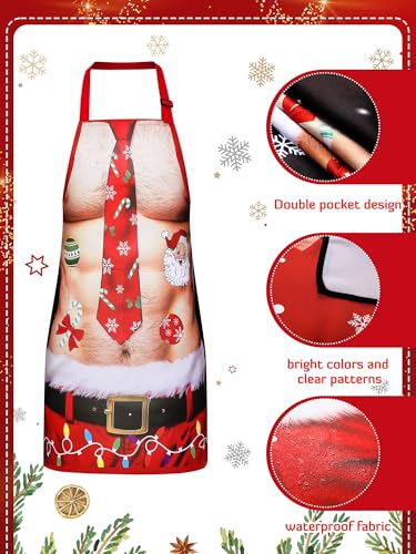 4 Pcs Christmas Novelty Aprons with Pocket for Women Men Red White (Xmas / Red White)