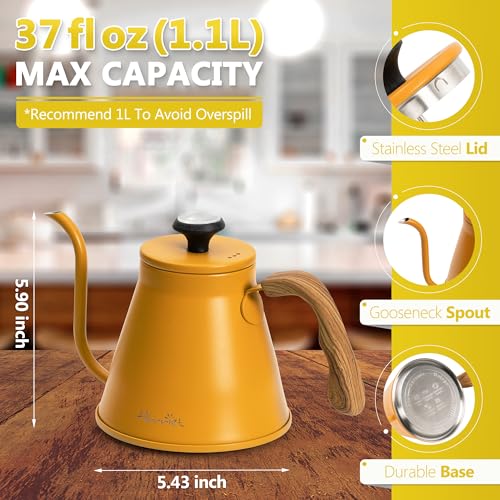Gooseneck Kettle with Thermometer for Pour Over Coffee and Tea (Yellow)