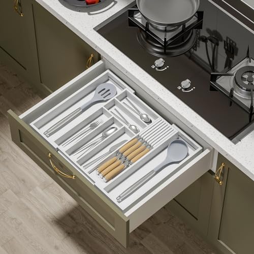 Expandable Bamboo Silverware Drawer Organizer Kitchen Tray (White / Large)