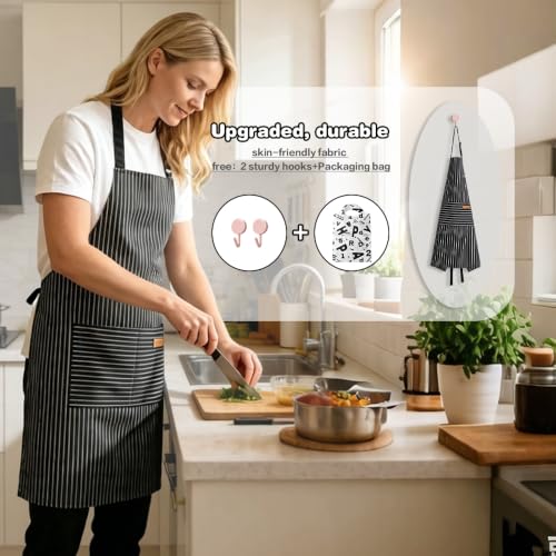 Aprons For Women With Pockets Chef Apron Bib Apron with 2 Large Pockets Adjustable Neck Strap Kitchen Apron Cooking Apron Stripes Baking Apron (Thick Black Stripes + Thin Black Stripes)