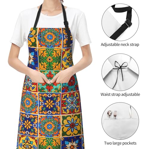 Mexican Tiles Chef Apron with 2 Pockets Adjustable Chef Aprons for Men Women Cooking Baking (33" x 28"(Pack of 1) / Mexican Tiles Coloful)