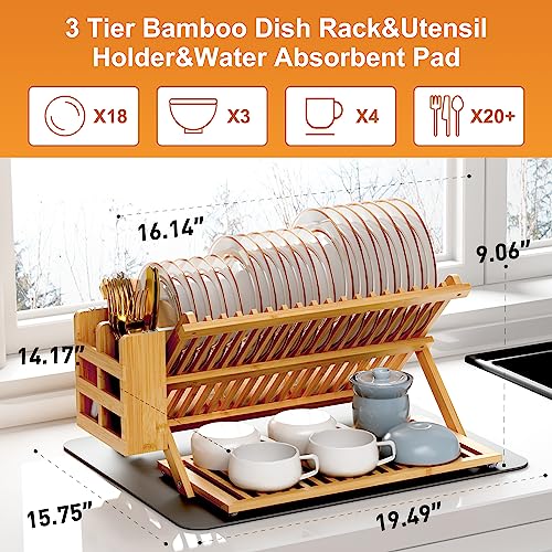 Bamboo Dish Drying Rack with Utensil Holder (Natural / 3-Tier+Dish Drying Mat)